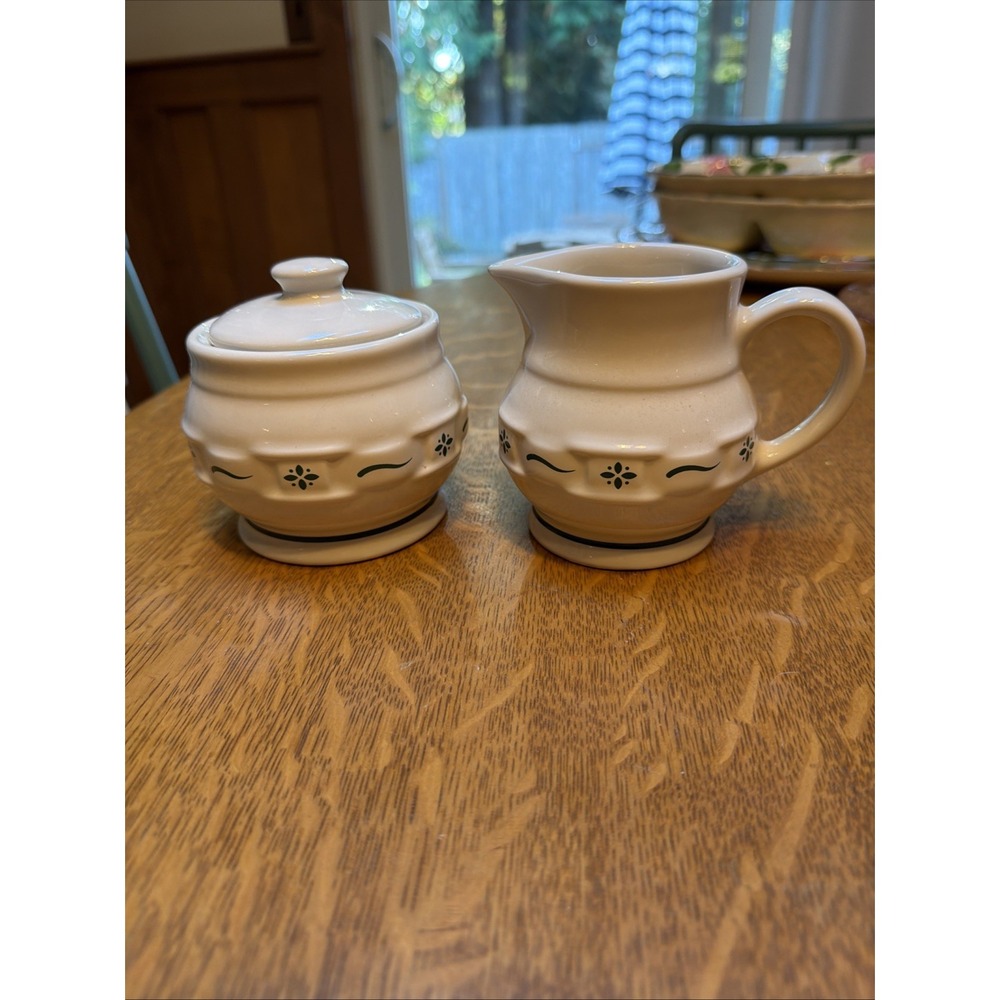 Longaberger Pottery Lidded Sugar And Creamer Woven Traditions Heritage Green